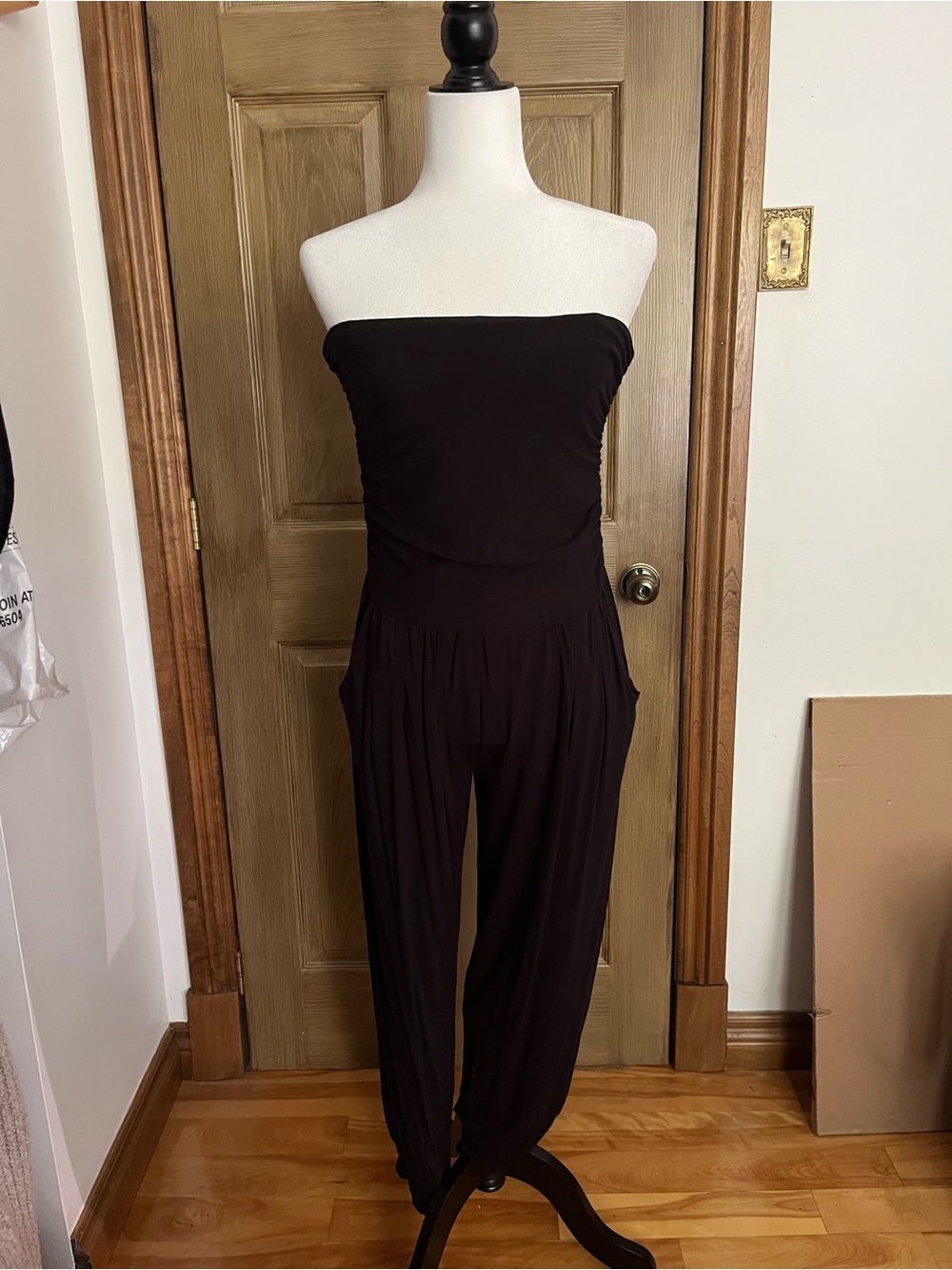 Strapless Black Tube Jumpsuit with Gathered Waist